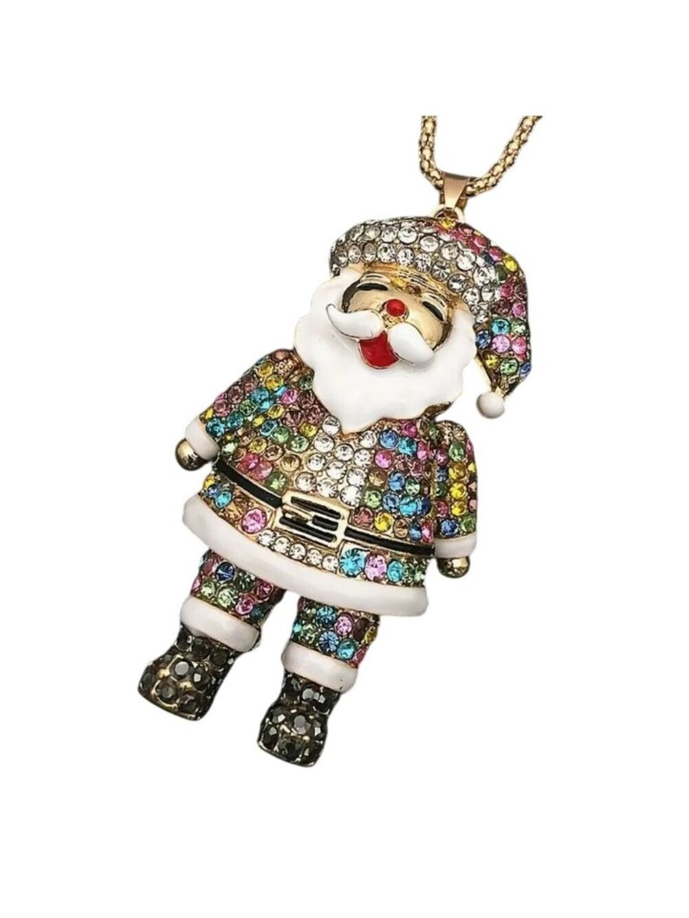 Necklace Multicolor Crystal Santa Claus Christmas Pendant Gold Tone